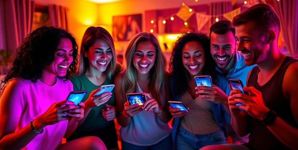 A group of friends in a living room, playing a mobile action dance game. The scene shows them laughing, following energetic dance moves on their screens, with colorful lighting and fitness trackers visible, emphasizing both physical activity and fun.