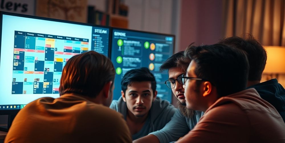 A close-up view of a group of friends gathered around a computer screen, planning a multiplayer session on Steam. Digital calendar and team chat overlay are visible, signifying organization and teamwork.
