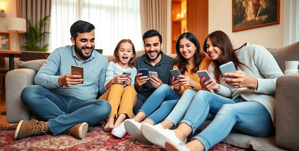 A cheerful Iranian family sits together in their cozy, modern living room exchanging digital gift cards on their smartphones and tablets. The warm home atmosphere, glowing Persian carpets, and visible excitement on their faces amplify the sense of digital connection and convenience.
