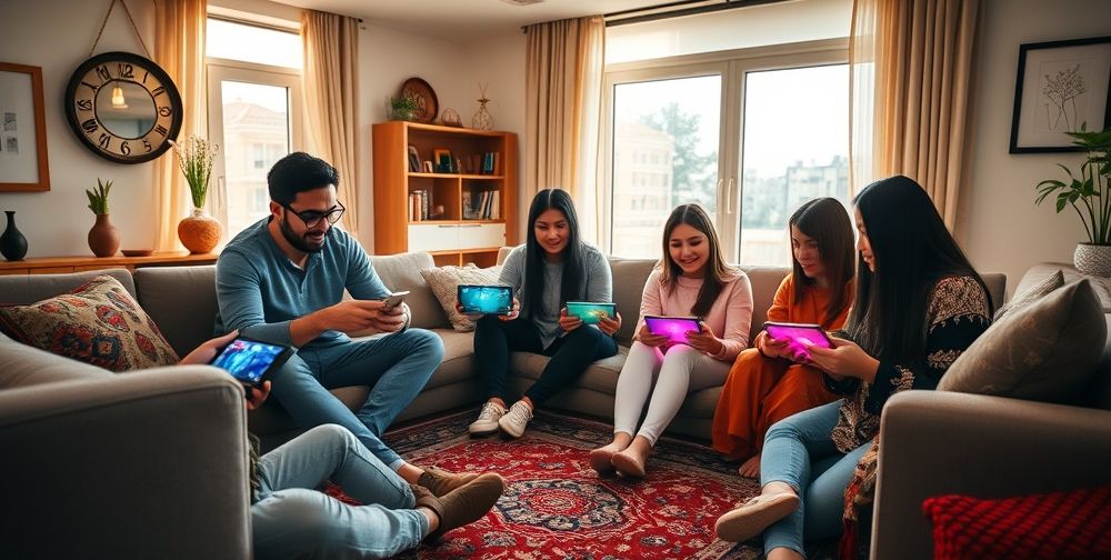 A lively Iranian family in a modern living room playing mobile games together on various devices, with Persian carpet and decorative elements visible, sunlight streaming through windows, and digital devices glowing.