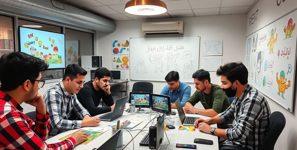 A busy Tehran tech startup office with young Iranian developers collaborating on mobile game design, colorful illustrations of game characters on screens and whiteboards, passionate teamwork and modern Persian technology vibe.
