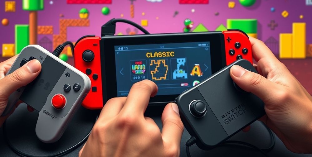 A close-up view of vintage Nintendo controllers connected via wireless adapters to a modern Nintendo Switch, with vibrant pixel art backgrounds and hands selecting a classic game from the Switch menu, evoking the union of old and new gaming eras.