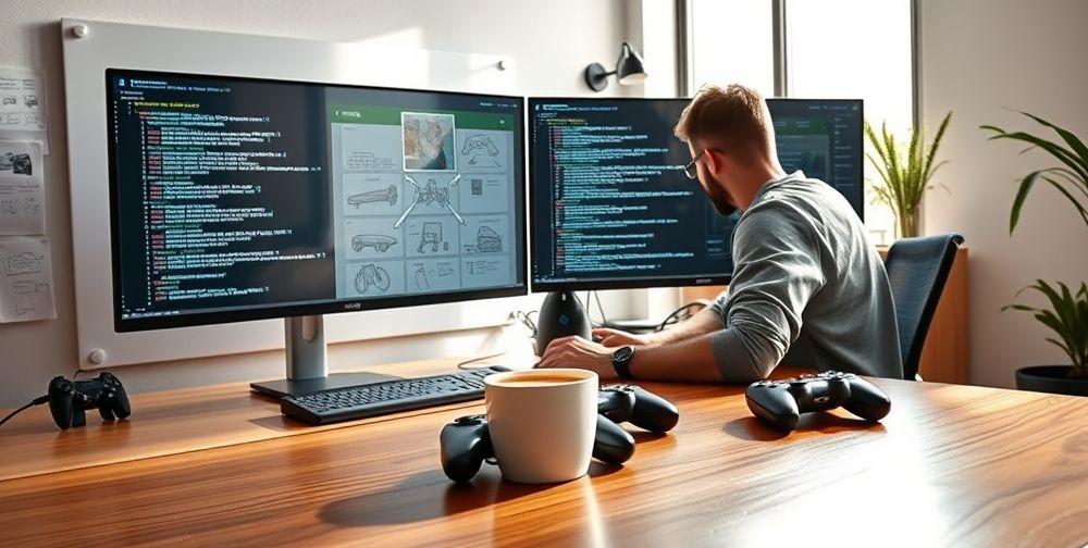 A modern workspace with a gaming developer analyzing PlayStation network code on dual monitors, storyboard sketches pinned on a whiteboard, and prototype PlayStation controllers beside a steaming mug of coffee.