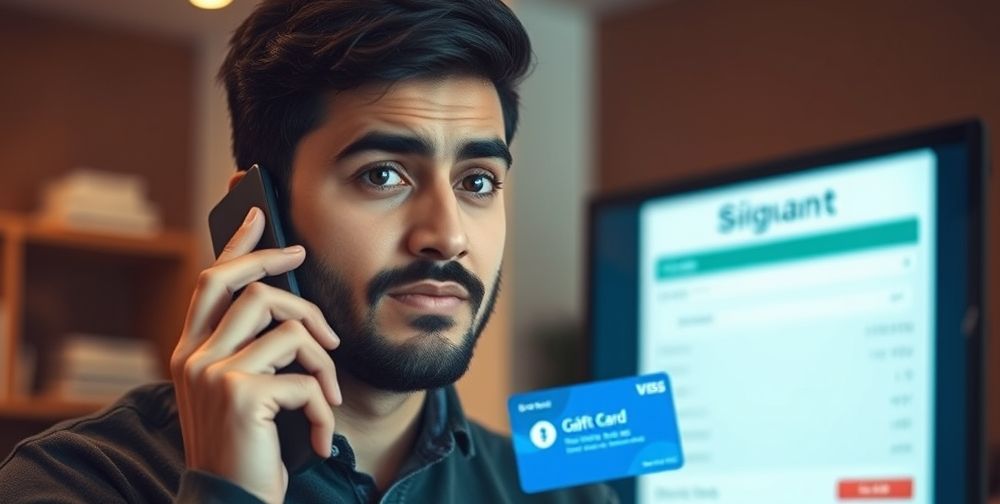 A young Persian man contacting digital store customer support by phone, showing a confused expression while holding a digital gift card code, with a blurred screen showing transaction details behind him, emphasizing uncertainty about refund options.
