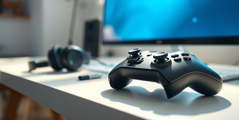A close-up of the Xbox Series X controller on a modern white desk, with soft natural daylight highlighting its intricate buttons, tactile grip textures, and precise thumbsticks. A wireless gaming headset and a glowing PC monitor are in the background, suggesting versatility for gamers.