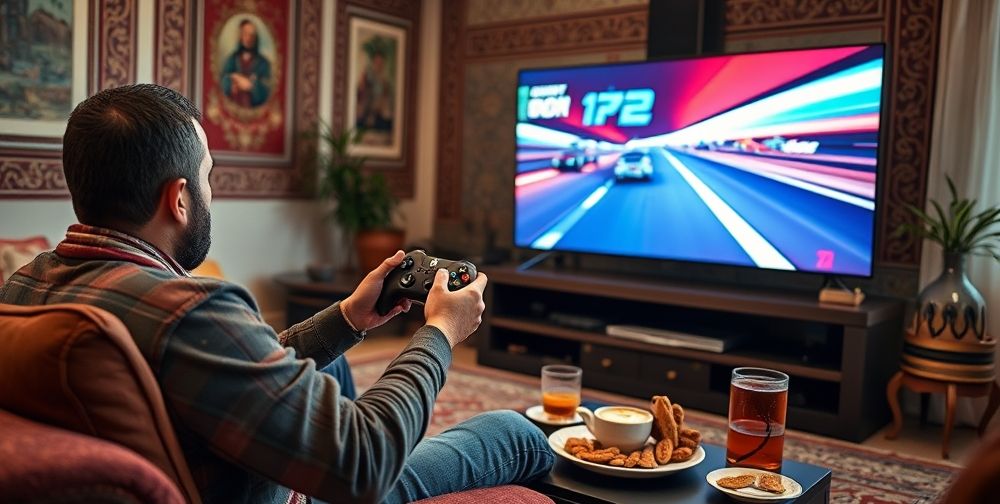 An Iranian gamer sitting in a cozy living room with traditional Persian decorations, intensely holding an Xbox Series X controller. The TV screen displays a vibrant racing game. Around, you see tea glasses and Persian snacks, blending modern gaming with local culture.