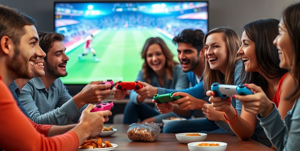 A close-up of a group of friends gathered in front of a large TV, each holding a colorful game controller. The atmosphere is energetic, with laughter, snacks on the table, and vivid action on screen showing a soccer or racing game, reflecting the excitement and community aspect of console gaming.