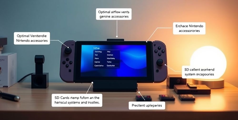 A tidy gaming setup with a Nintendo Switch docked, screen showing the settings menu, and small labels pointing to proper ventilation, official accessories, and SD card organization. Calm atmosphere highlights best maintenance practices for avoiding future lock-ups.