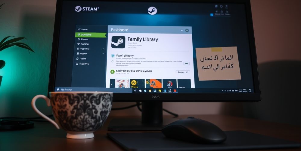 A detailed display of a Steam account dashboard on a modern computer screen, showing Family Library Sharing enabled. Iranian identity is depicted by a teacup with Persian design next to the mouse, and a Farsi reminder note about security taped to the monitor.
