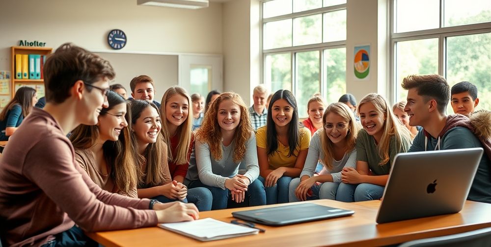 A lively classroom setting where teenagers are engaged in a cooperative educational video game session, supervised by a skilled teacher. The students are discussing the game’s moral dilemmas while expressing empathy for characters.