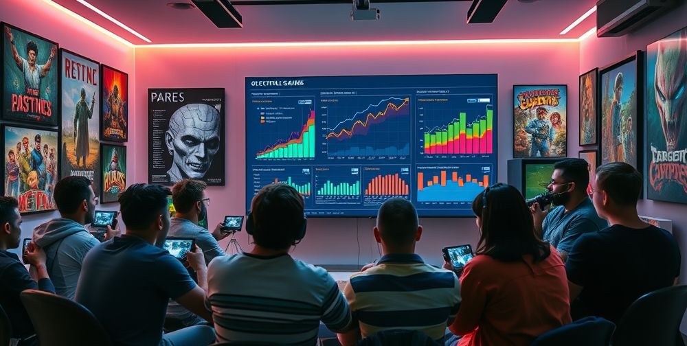 Several gamers gathered around a large screen, actively discussing a luxury Steam game purchase. The room is filled with excitement, digital charts comparing game prices and value on a futuristic dashboard, and posters of rare video games on the walls.