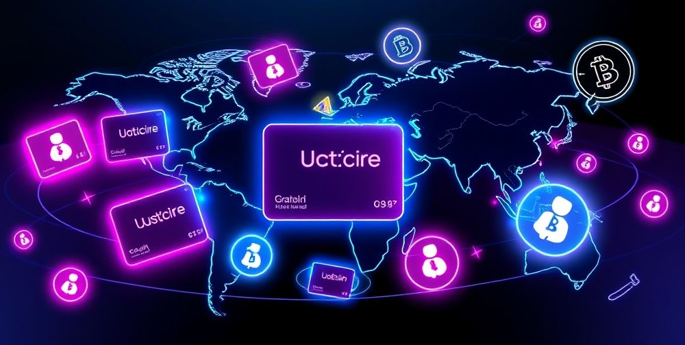 An abstract futuristic digital wallet interface, showing various branded digital gift cards, virtual credits, blockchain icons, and a global map highlighting diverse users sending and receiving cards online.