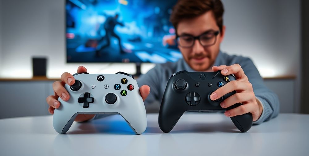 A gaming enthusiast comparing side by side the Xbox Series X controller with the previous Xbox One controller on a minimalist black and white table; both controllers visible, highlighting subtle differences in size, color, D-Pad, and trigger buttons. Background softly lit with a modern monitor displaying a vibrant video game scene.
