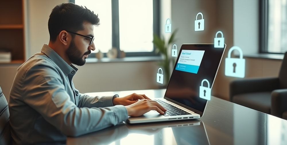 An Iranian user at a modern workspace, carefully entering a digital gift card code into a secure online platform on their laptop, padlock security icons floating, emphasizing digital safety.