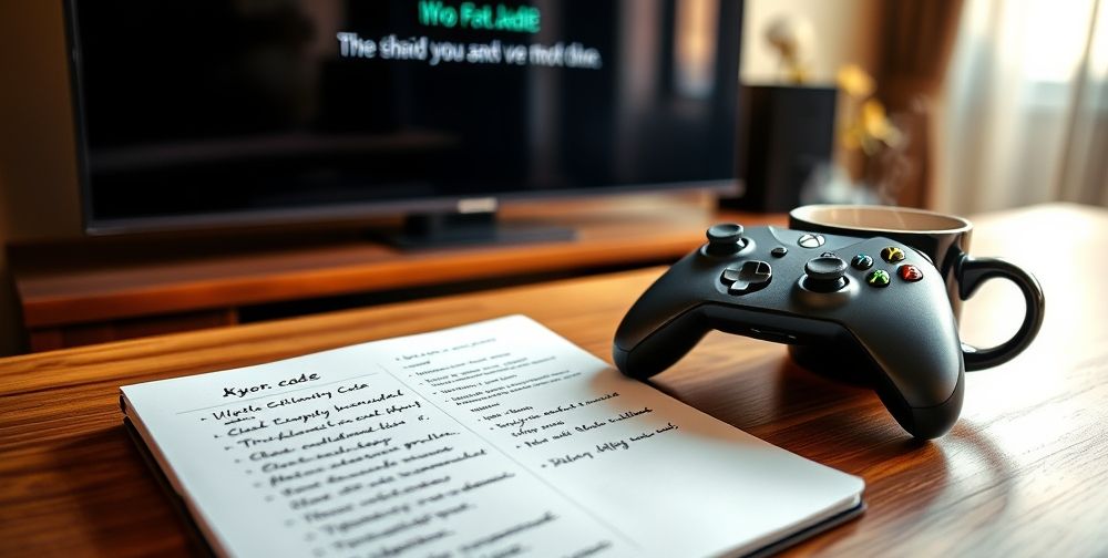 Detailed visual of a Xbox controller with a close-up error code displayed on the TV, while a notepad with handwritten troubleshooting steps and coffee mug sit on the desk, suggesting problem-solving at home by a gamer.