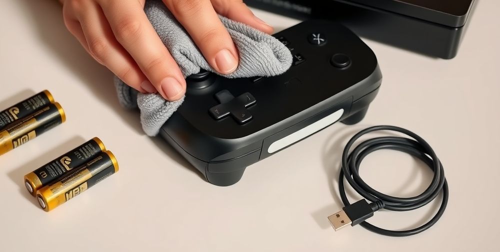 Close up photo of a user cleaning an Xbox Series X controller with a soft microfiber cloth, beside a collection of AA batteries and a USB-C cable, demonstrating careful maintenance and attention to detail.