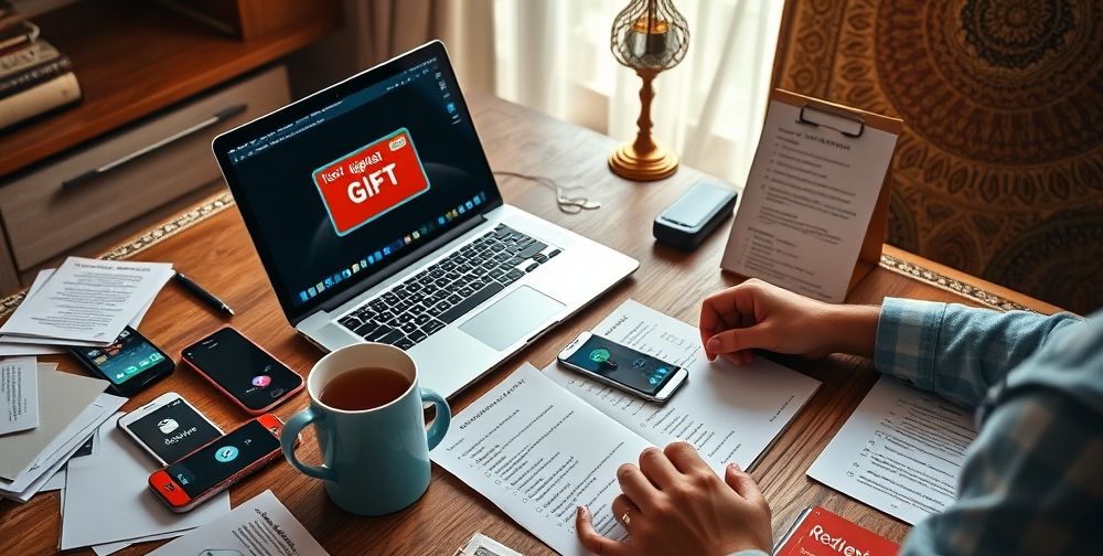 A modern Persian workspace with a person securely redeeming a digital gift card on a laptop, surrounded by notes, smartphones showing app store logos, and a checklist for online safety. A cup of tea sits nearby, conveying focus and comfort.