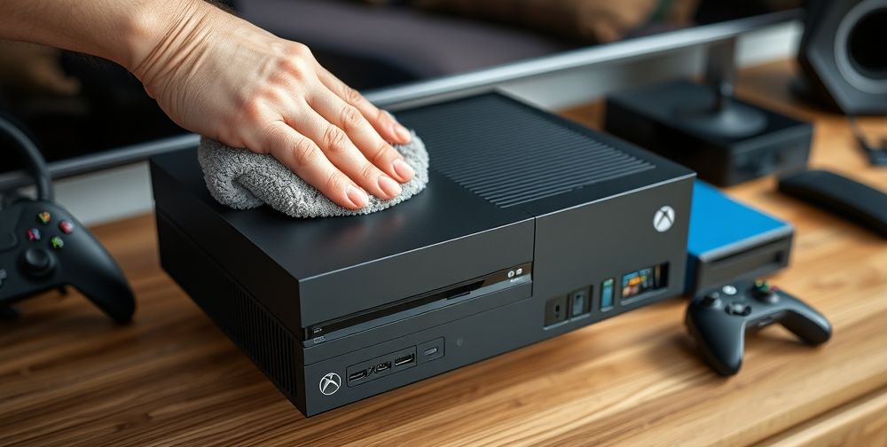 A close-up view of an Xbox console being cleaned carefully with a microfiber cloth, with a focus on the ventilation grills, placed on a modern wooden TV stand surrounded by neatly arranged gaming accessories.