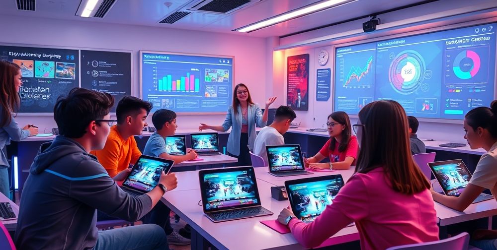 A detailed classroom scene where teens use PlayStation consoles for educational strategy games, animated teachers guiding, digital blackboard showing game analytics, students collaborating eagerly, futuristic learning environment blending technology and serious play.