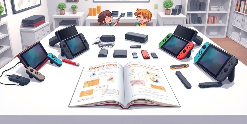 A professional illustration showing multiple Nintendo Switch consoles on a white table, with different accessories laid out neatly, an illustrated guidebook open to a page with troubleshooting flowcharts, and friendly characters helping with repairs in the background.