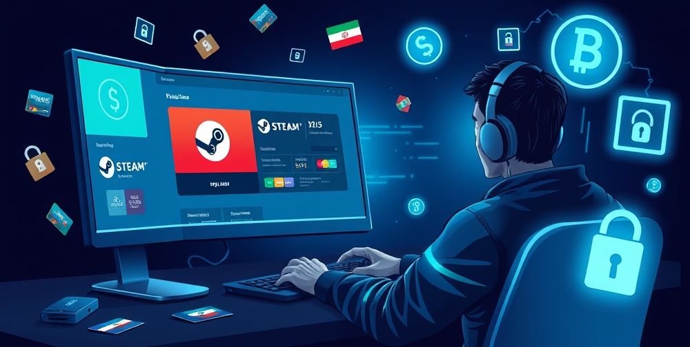 A modern digital illustration showing an Iranian gamer successfully purchasing a Steam gift card online, his screen showing the Steam Wallet, surrounded by images of Persian bank cards and symbols of digital security and privacy.