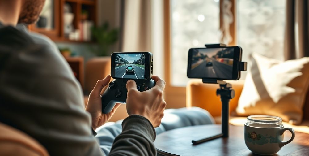 A cozy indoor gaming setup with a gamer using an Xbox Series X controller to play a racing game on a smartphone mounted on a stand, natural light and casual environment, cups of tea on the side.