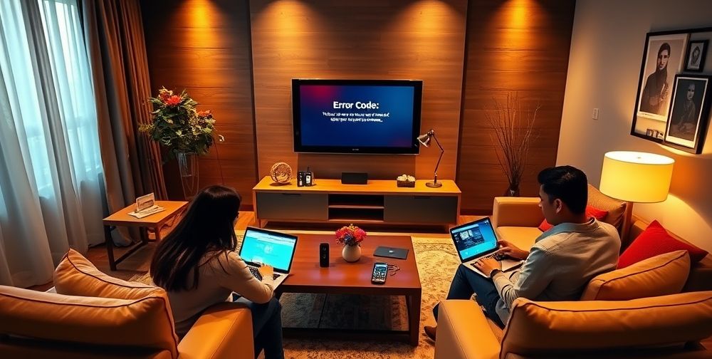 A modern living room in Tehran, with a Nintendo Switch console connected to a TV displaying an error code screen. Family members are discussing possible solutions with laptops and phones, referencing Nintendo support. Warm interior lighting adds comfort.