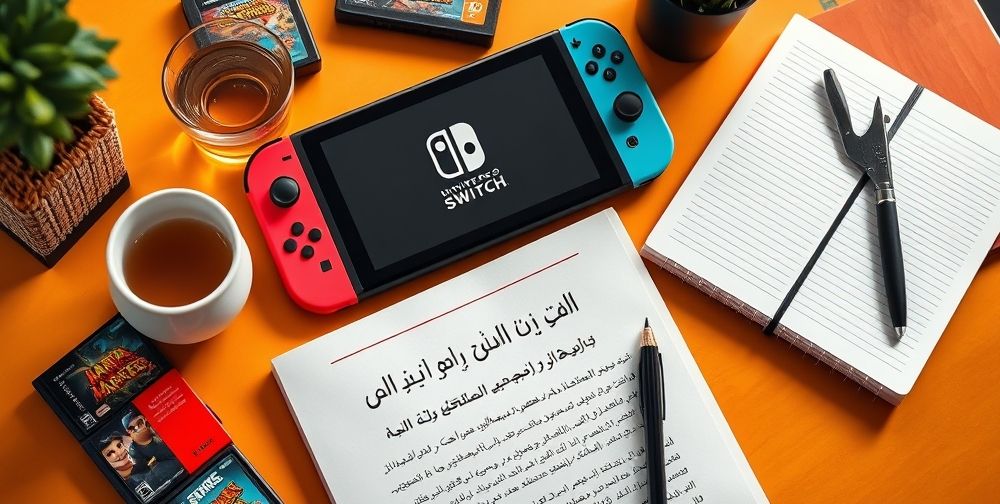 A bright tabletop scene with a Nintendo Switch console beside original game cartridges and a printed Persian troubleshooting guide. A steaming tea glass and a notebook hint at a cozy, problem-solving mood, inviting proactive care for gaming devices.