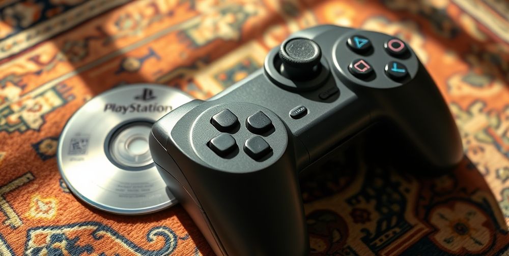 A close-up of a PlayStation DualSense controller showing visible dust on the analog sticks and buttons, next to a slightly scratched game disc, all placed atop a traditional Persian rug. Natural sunlight filters through, highlighting both the modernity of the device and hints of Persian domestic culture.