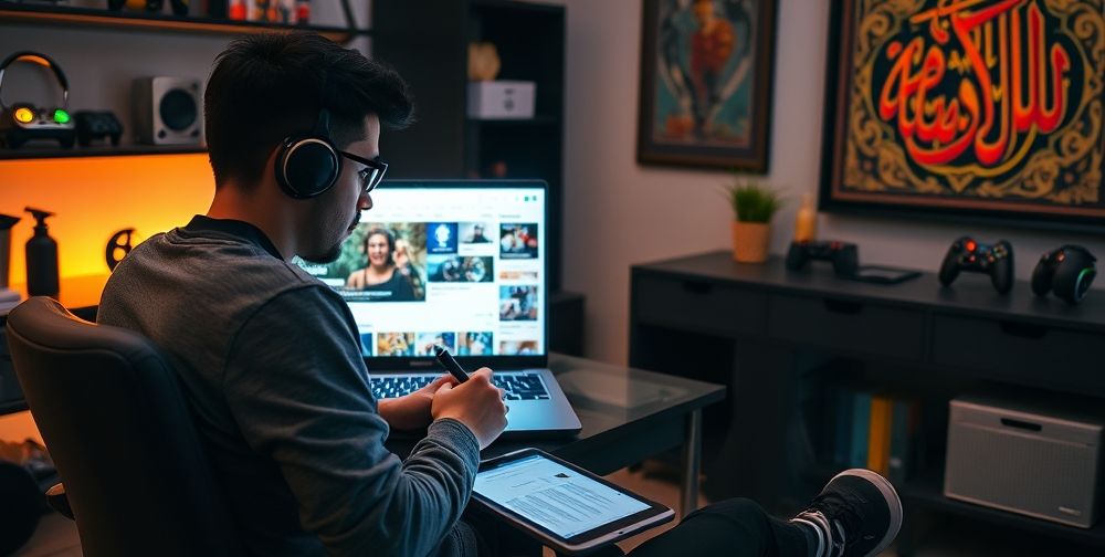 A gamer sitting in a modern home workspace with a laptop open to a Persian gaming news aggregator. The screen shows filtered, tagged headlines and the user is taking notes on a tablet. Surrounding details include gaming memorabilia and Persian calligraphy art to reflect authenticity.
