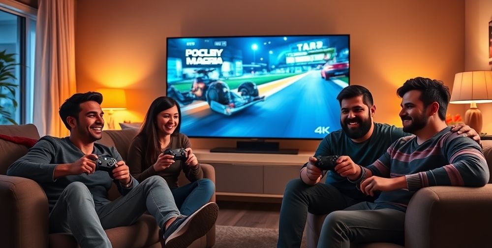 A group of friends sitting on a cozy couch, each holding Xbox Series X controllers, playing a fast-paced game on a large 4K TV. The atmosphere is casual, joyful, and focused on the immersive gaming experience.