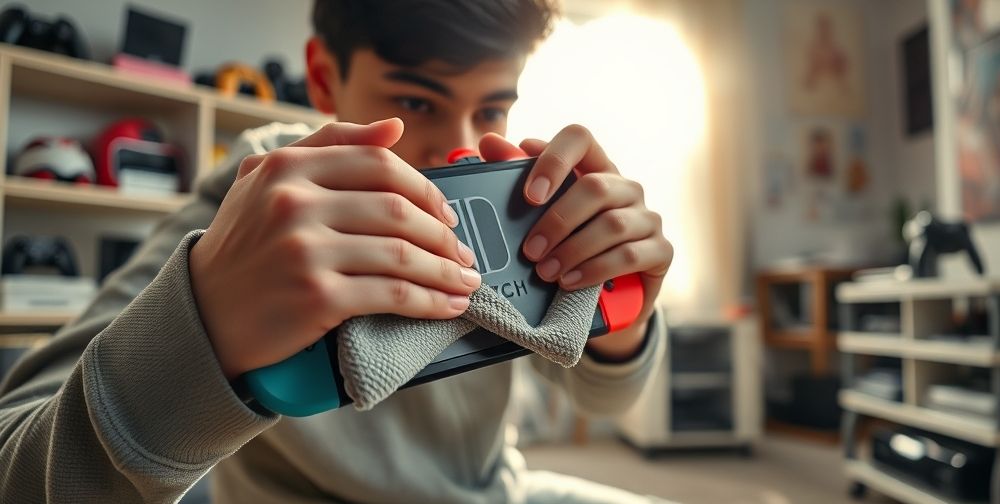A highly detailed close-up of a Nintendo Switch console being cleaned with a microfiber cloth by a young Persian gamer, natural daylight shining through a nearby window, showing a neat room with other gaming accessories.