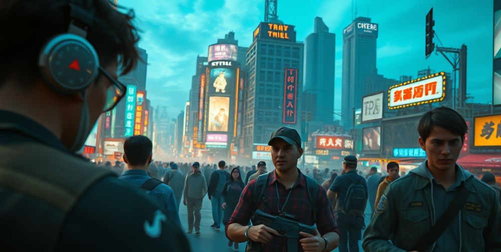 Players engrossed in a highly detailed open world game, interacting with lifelike NPCs demonstrating complex AI-driven behaviors; vibrant cityscapes, adaptive missions on HUD.