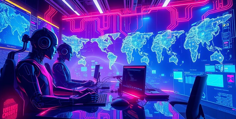 A visionary digital mural depicting the future of gaming: artists and programmers co-creating side by side with AI avatars, blueprints of evolving game worlds hovering between them, illuminated by dynamic code streams.