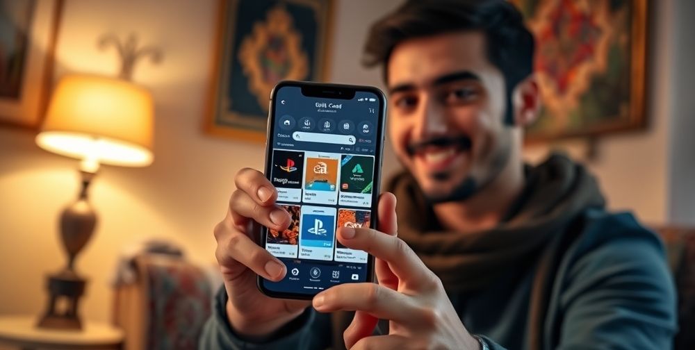 A Persian shopping website interface open on a smartphone, with several digital gift cards (Amazon, PlayStation, Google Play) displayed on screen, and a young Iranian user happily selecting one. The setting is cozy and modern, with subtle Persian design elements.