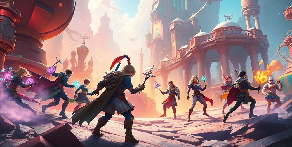 Several digital game characters and AI-driven non-player characters collaborating and reacting dynamically in a vibrant, ever-changing open world with interactive objects and branching storylines.