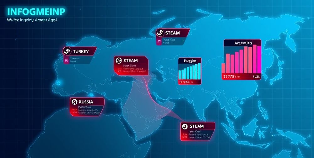A detailed infographic map showing Turkey, Argentina, and Russia, with Steam icons and pricing bars overlaying each country. Include Persian labels and a modern digital style.
