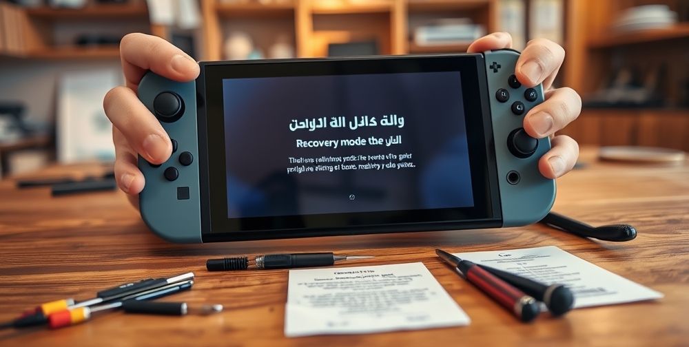 A close-up of hands holding a Nintendo Switch, showing the device in recovery mode menu. On the table, some small electronic tools, a warranty card in Persian, and simple step-by-step instructions visible nearby. The background hints at a trusted local repair shop.
