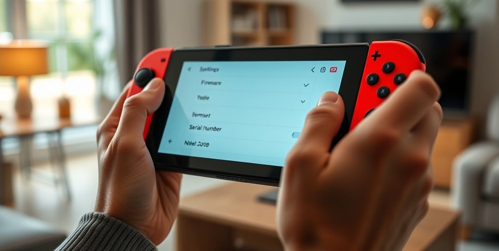 Close-up of hands holding a Nintendo Switch console with the system settings screen open, displaying firmware version and serial number, set against a tidy home background to emphasize personal device inspection and buyer vigilance.
