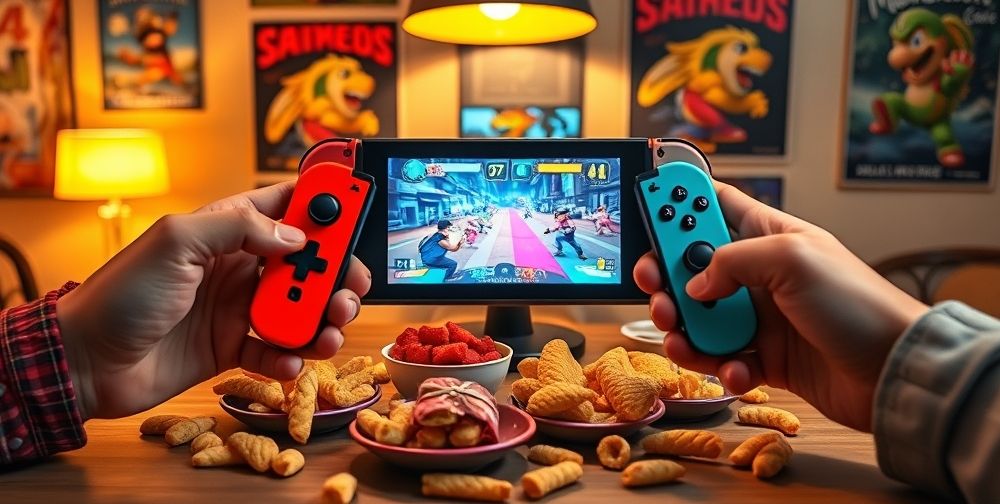 A stylized tabletop scene with two players holding Nintendo Switch Joy-Cons, a vibrant multiplayer game displayed on the console’s small screen. The setting shows energetic hand movements, snacks, and retro game posters on the wall, all under warm lamp light.