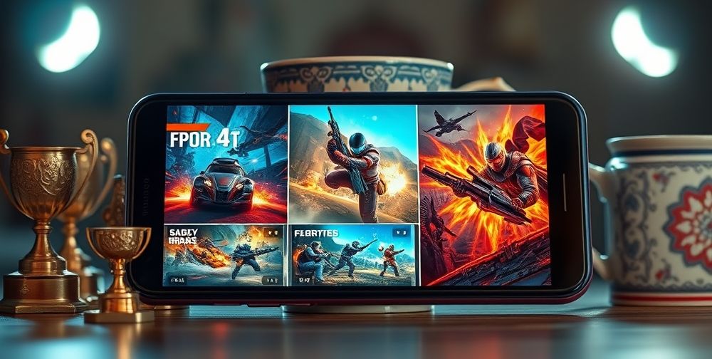 A dynamic thumb-view of an advanced Android phone displaying three top action games side by side; intense scenes, vibrant colors, realistic effects, and touch controls highlighted under bright studio lighting, with gamer trophies and a Persian-style mug in the background.