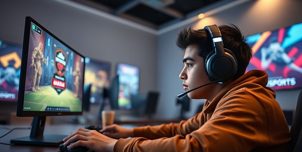 A modern Persian youth deeply focused while playing online games in a spacious, well-lit room, dual monitors showing a popular Esports tournament, headset glowing, snack and notebook nearby, and vibrant digital posters on walls.