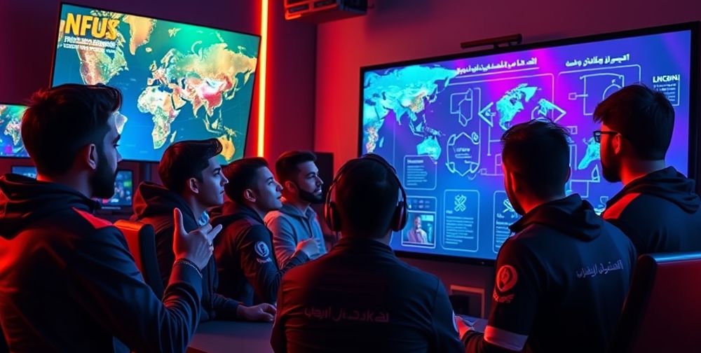 Several diverse Persian gamers collaborating in a professional gaming studio, illuminated RGB lighting, large screens displaying strategy maps, hands gesturing, team coach pointing at a digital whiteboard with complex tactics diagram.