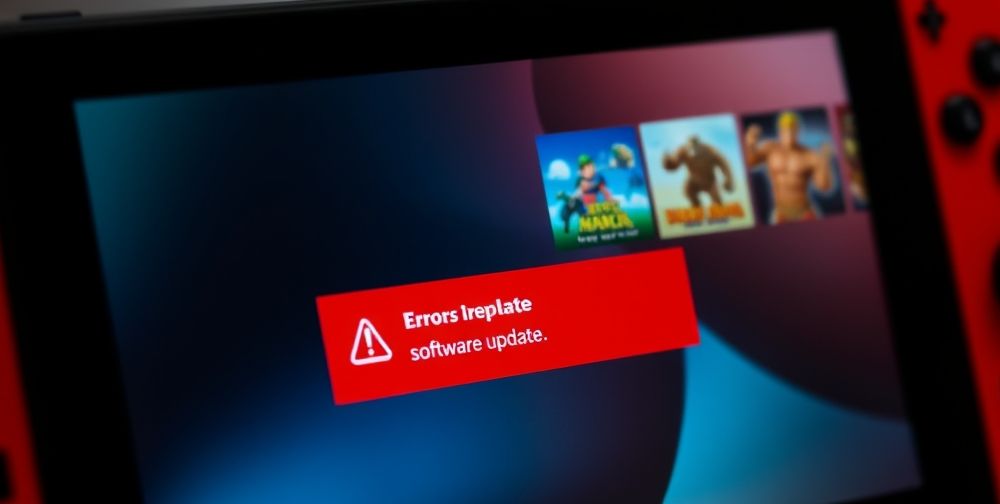 Close-up of a Nintendo Switch screen showing a software update in progress, with icons of major Nintendo games visible and a clear error message, highlighting software troubleshooting and modern interface.
