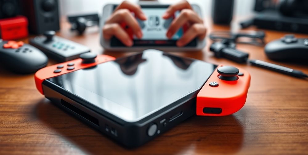 A close-up, well-lit photo of a Nintendo Switch console on a wooden desk, showing both Joy-Con controllers attached. In the background, a user’s hands are about to press the power button, displaying an authentic moment of preparing to restart the console, with other gaming accessories slightly blurred.