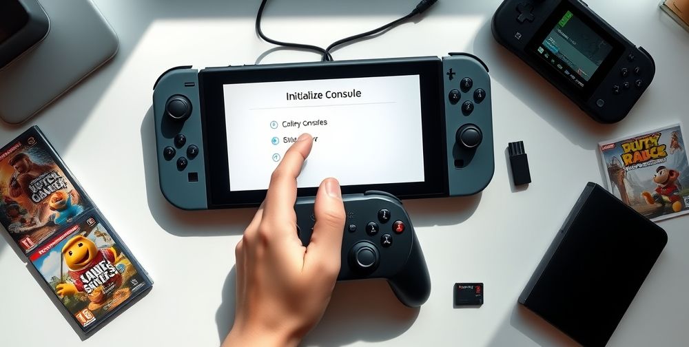 A top-down scene showing a Nintendo Switch screen displaying a settings menu, with a hand pointing toward the “Initialize Console” option. Other Switch games and accessories like the Pro Controller and a microSD card are arranged in a neat, inviting workspace, illustrating the reset process visually.