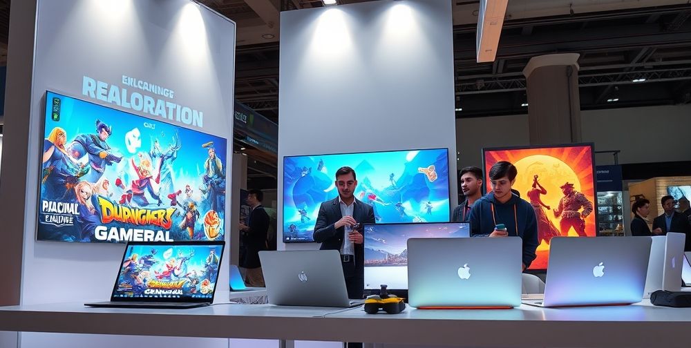 A group of young Iranian entrepreneurs pitching their indie game to an international publisher inside a modern exhibition booth, with laptops open and vibrant posters of their game on display, reflecting ambition and innovation.