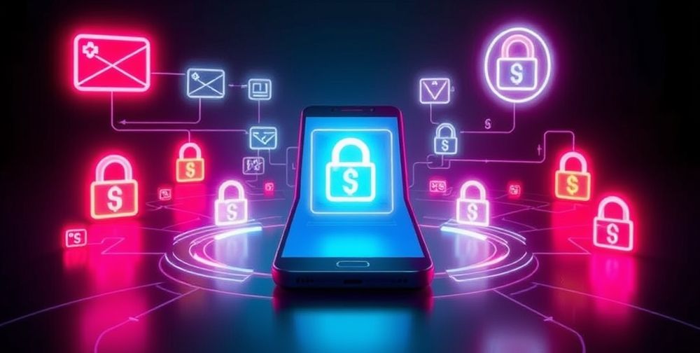 A modern illustration of a digital wallet on a smartphone screen, surrounded by glowing icons of gift cards, locks, and money, emphasizing the idea of security and technology.