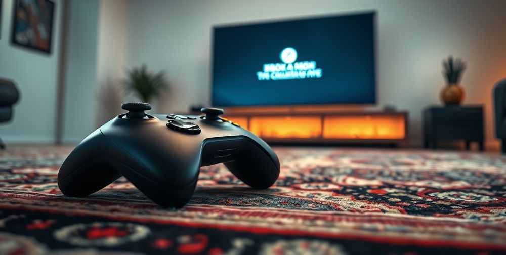 A close-up shot of an Xbox controller resting on a patterned Persian rug, clear focus on the buttons. An error message glows softly in the background on a large high-definition TV in a modern, well-lit room.