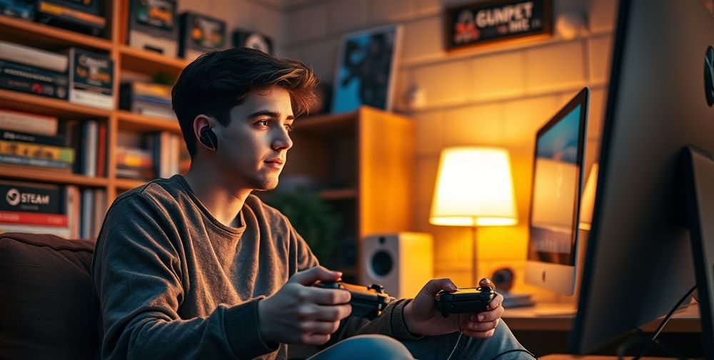 A gamer in their twenties immersed in a cozy room, switching between modern and retro games on Steam using a wireless controller, shelves stacked with iconic old-school game titles, glowing monitor.